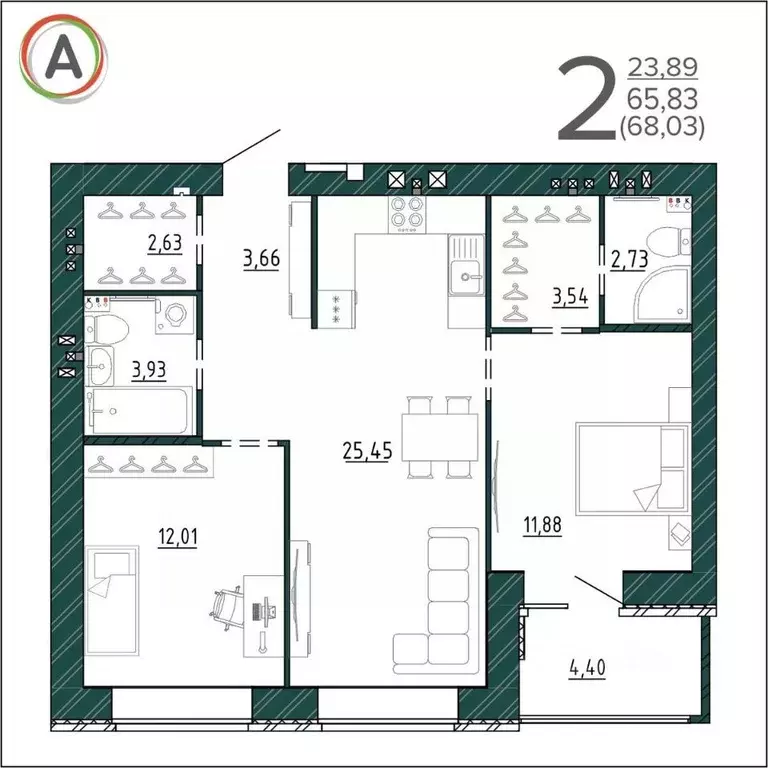 2-к кв. Брянская область, Брянск ул. Ульянова, 24 (68.03 м) - Фото 0