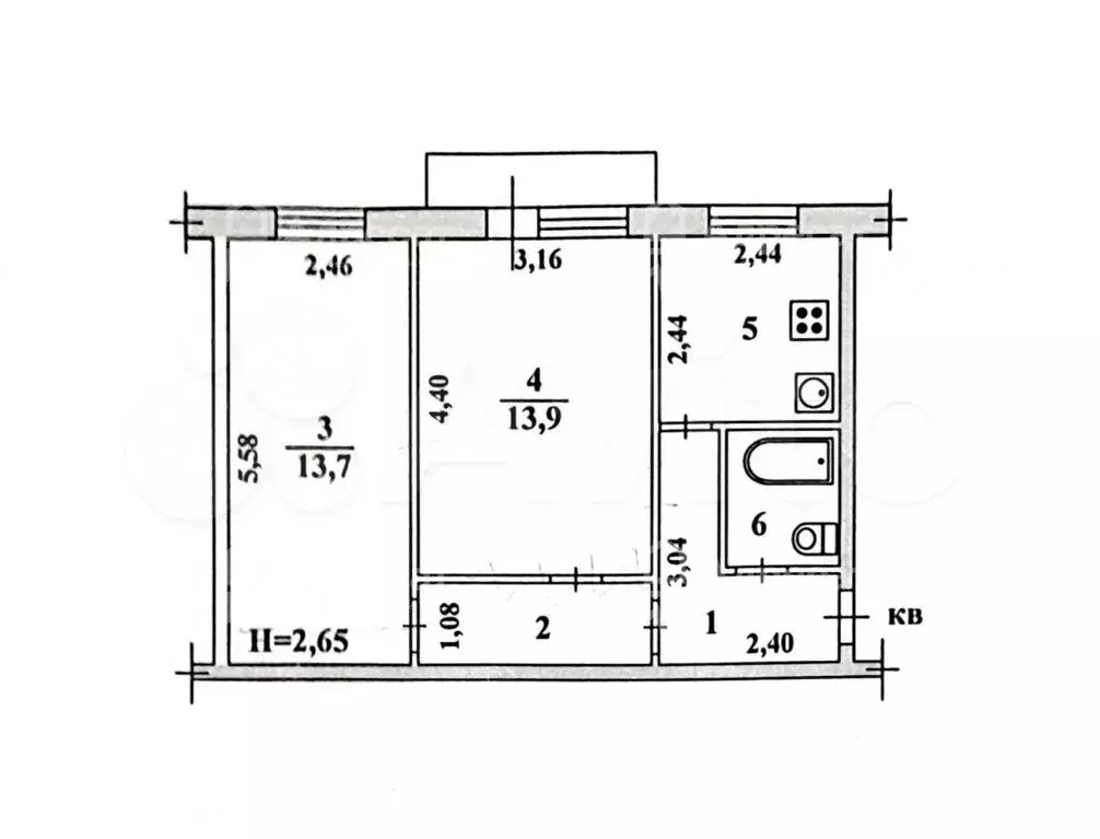 2-к. квартира, 44 м, 5/5 эт. - Фото 0