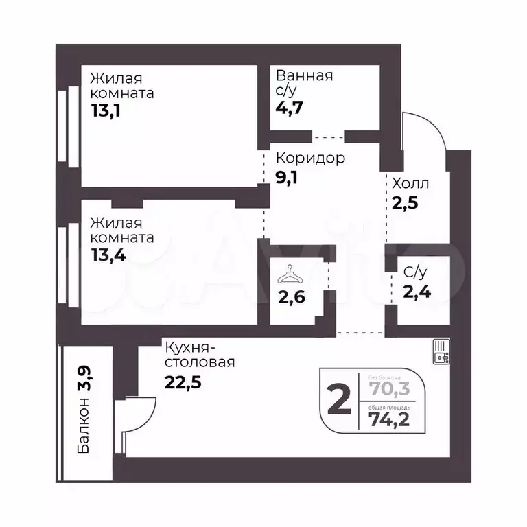 2-к. квартира, 70,3 м, 8/9 эт. - Фото 0