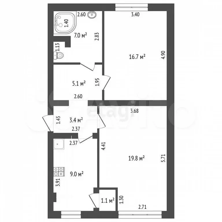 2-к. квартира, 62,8 м, 2/9 эт. - Фото 0