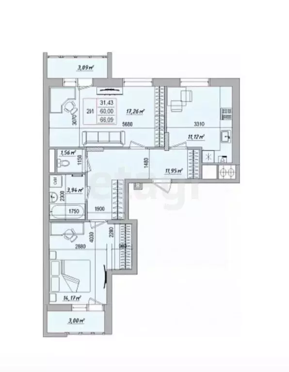 2-к кв. Белгородская область, Белгород ул. Виктора Лосева, 29 (60.3 м) - Фото 1