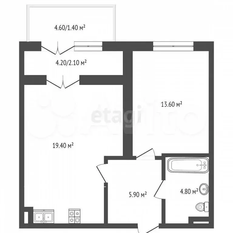 1-к. квартира, 44 м, 2/4 эт. - Фото 0