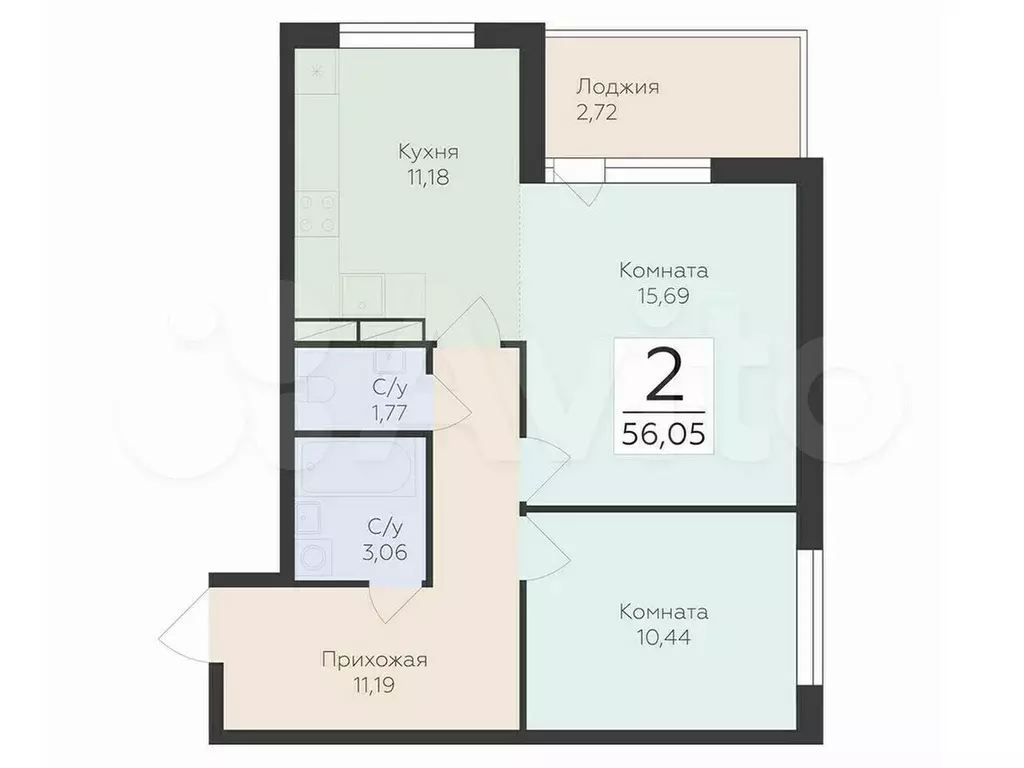 2-к. квартира, 56,1 м, 5/8 эт. - Фото 0