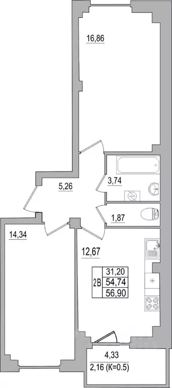 2-к кв. Псковская область, Псков ул. Юности, 32 (56.9 м) - Фото 0