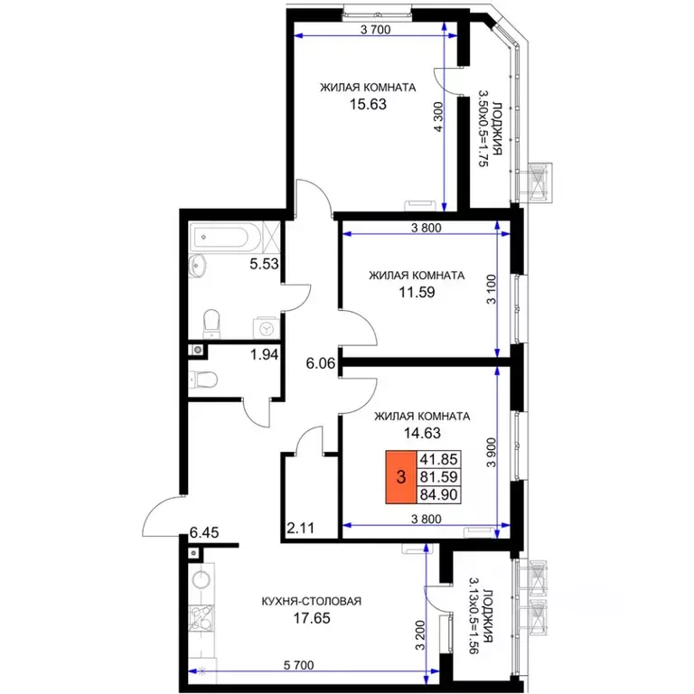 3-к кв. Краснодарский край, Краснодар Воронежская ул., 47/39 (84.9 м) - Фото 1