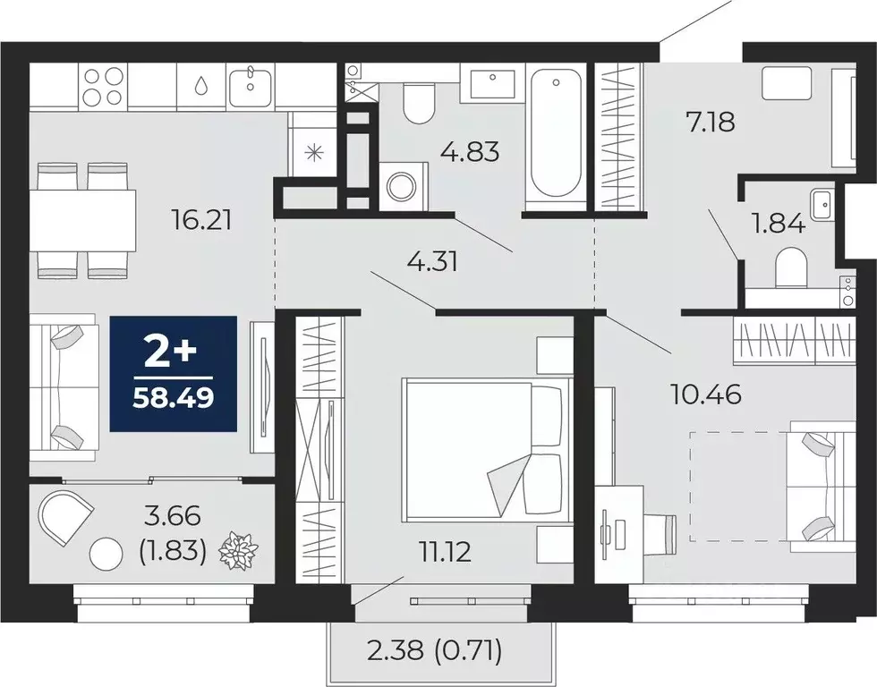 2-к кв. Тюменская область, Тюмень Энтузиастов мкр,  (55.95 м) - Фото 0