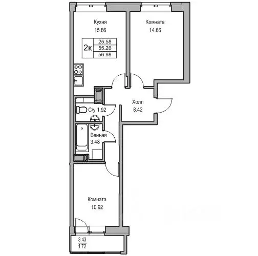 2-к кв. Санкт-Петербург ул. Ивинская, 1к1 (55.26 м) - Фото 0