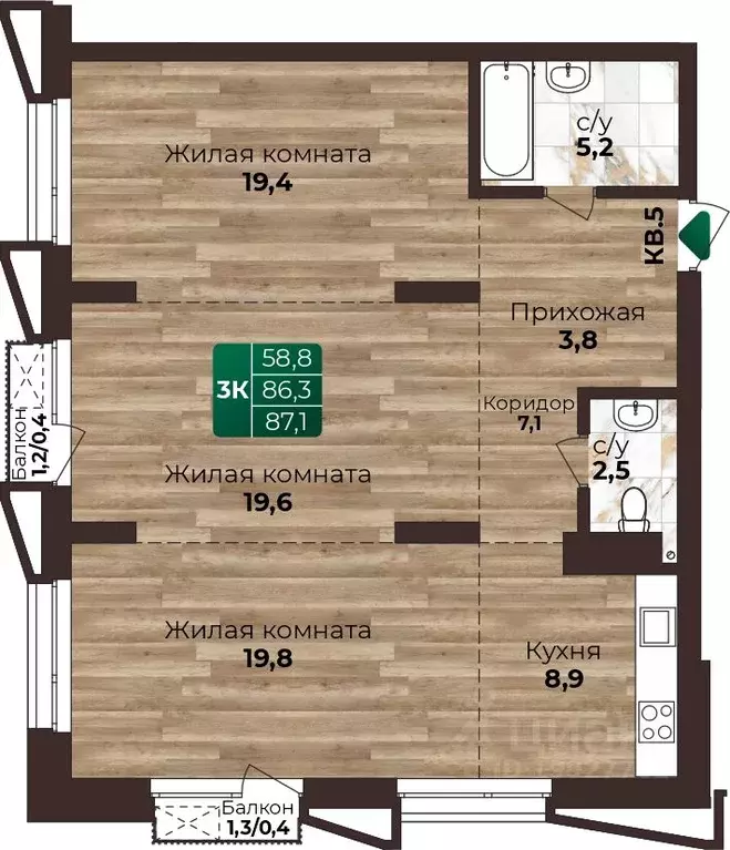 3-к кв. Алтайский край, Барнаул ул. 6-я Нагорная, 15Г/12 (87.1 м) - Фото 1