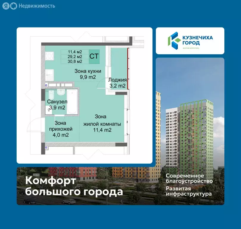 Квартира-студия: Нижний Новгород, ЖК Кузнечиха Город (30.8 м) - Фото 1
