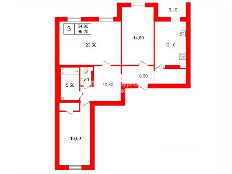 3-к кв. Санкт-Петербург Богатырский просп., 32к1 (95.2 м) - Фото 2