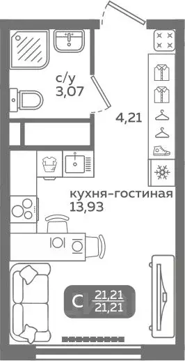 Студия Тюменская область, Тюмень ул. Заполярная, 9/2 (21.21 м) - Фото 0
