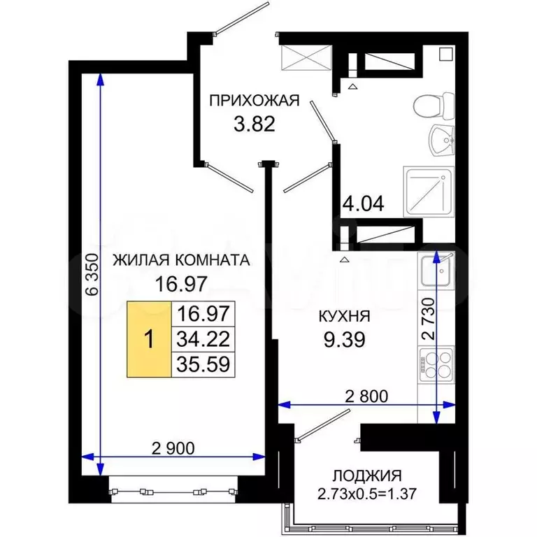 1-к. квартира, 35,6 м, 5/24 эт. - Фото 0