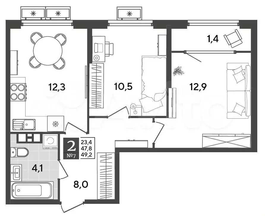 2-к. квартира, 49,2 м, 3/9 эт. - Фото 1