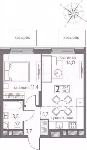 2-к. квартира, 38,3 м, 2/20 эт. - Фото 0