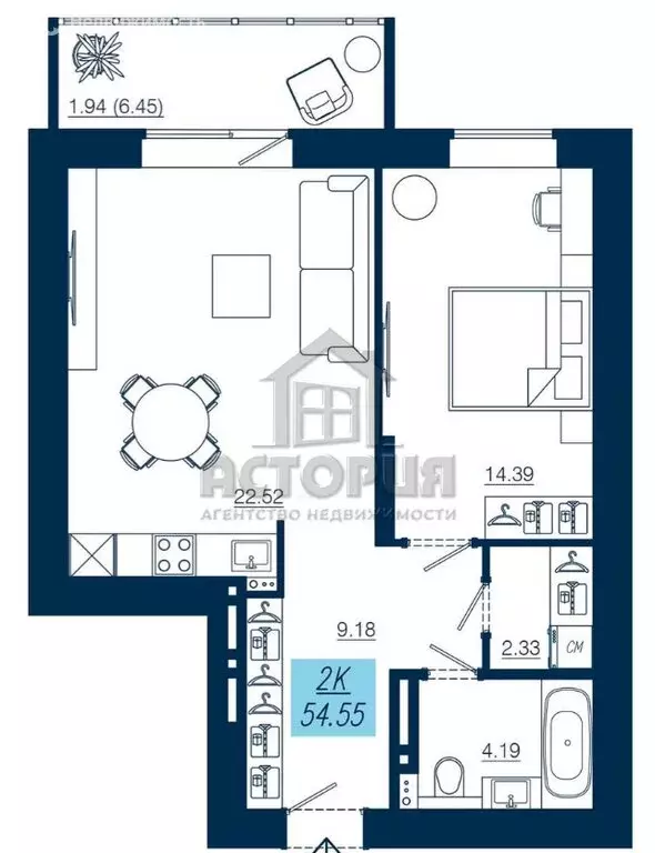 2-комнатная квартира: Красноярск, Аэровокзальная улица, 19Е (54.55 м) - Фото 1