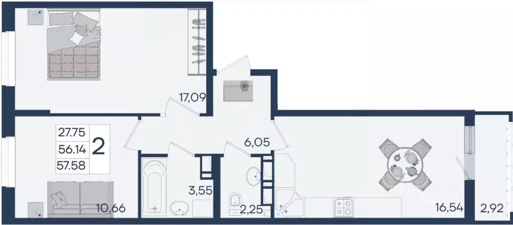 2-к кв. Краснодарский край, Краснодар  (57.58 м) - Фото 1