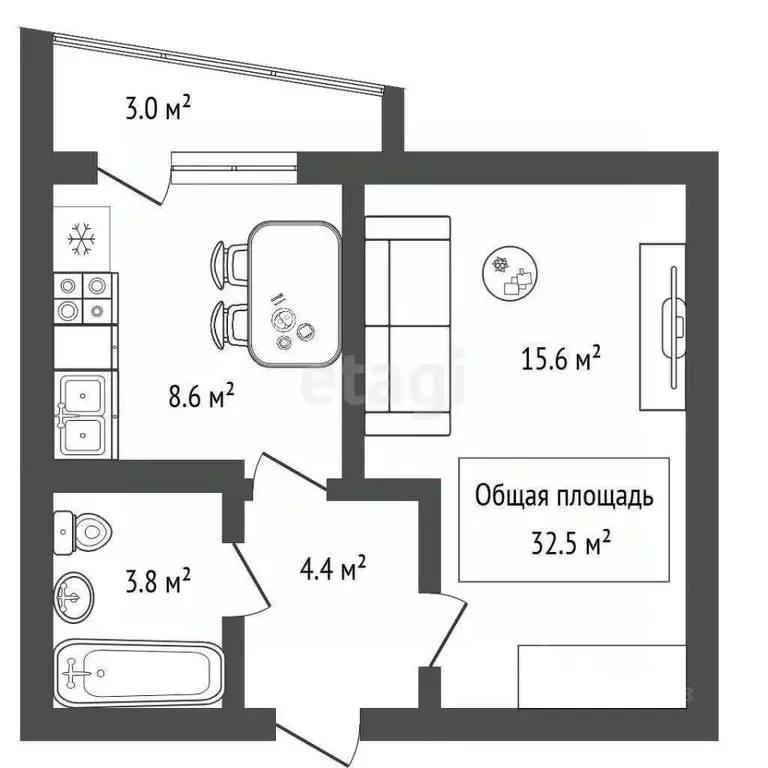 1-к кв. Новосибирская область, Новосибирск ул. Ясный Берег, 9 (32.5 м) - Фото 1