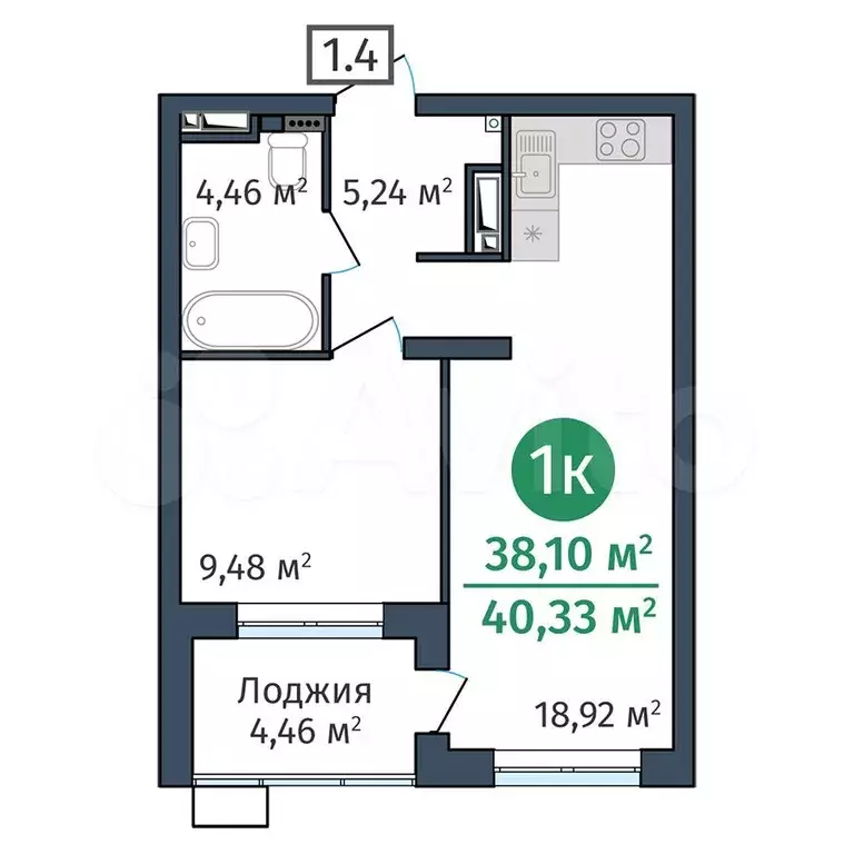 1-к. квартира, 38,1 м, 13/25 эт. - Фото 0