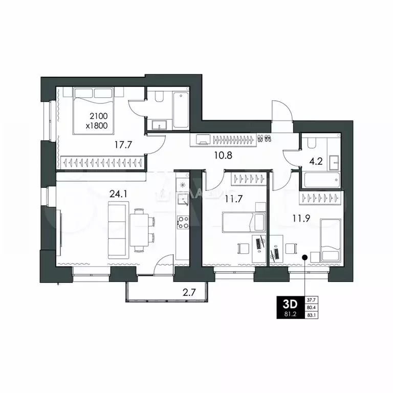 3-к. квартира, 81,2 м, 10/16 эт. - Фото 0