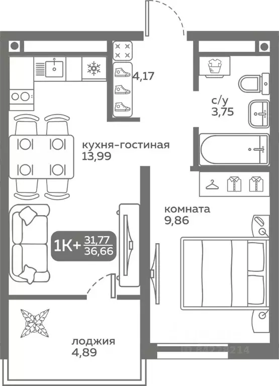 1-к кв. Тюменская область, Тюмень ул. Вадима Бованенко, 10 (30.69 м) - Фото 0