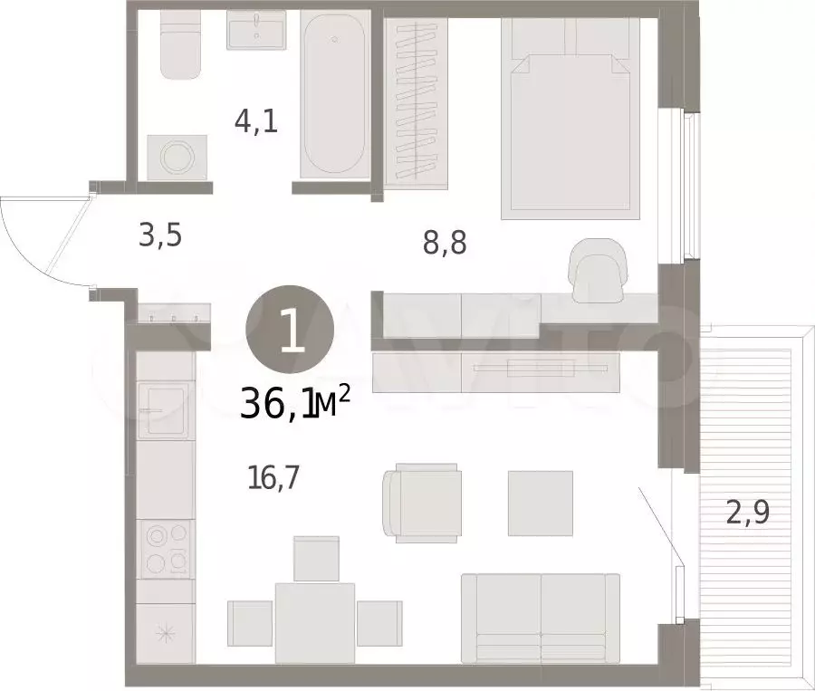 1-к. квартира, 36,1 м, 3/15 эт. - Фото 0