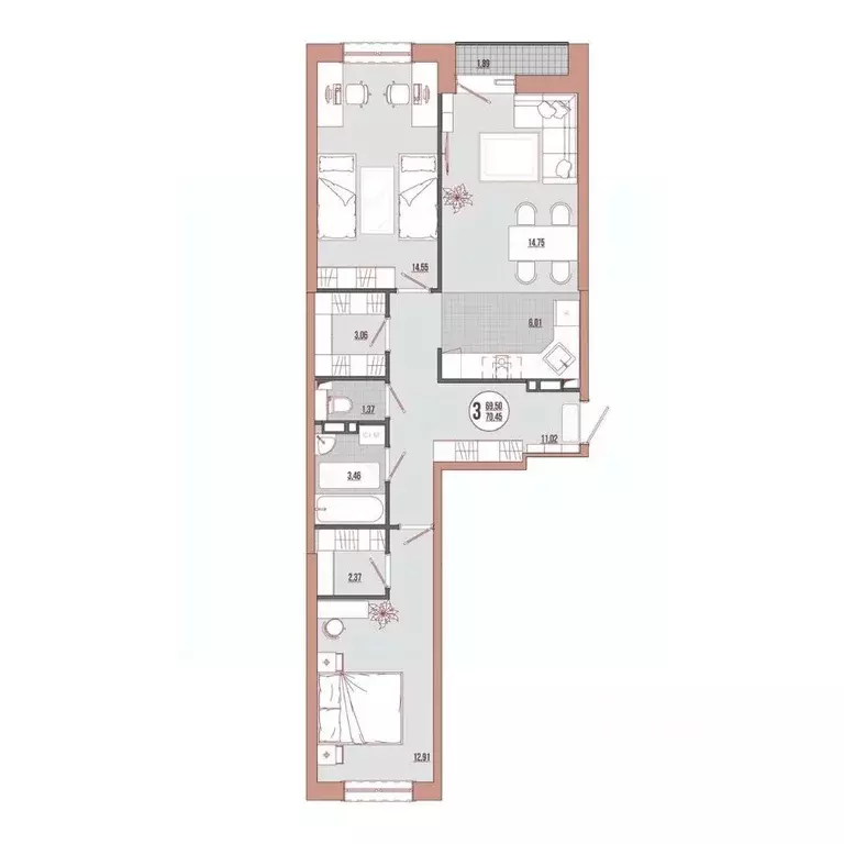 3-к кв. Приморский край, Владивосток ул. Адмирала Юмашева (70.45 м) - Фото 0