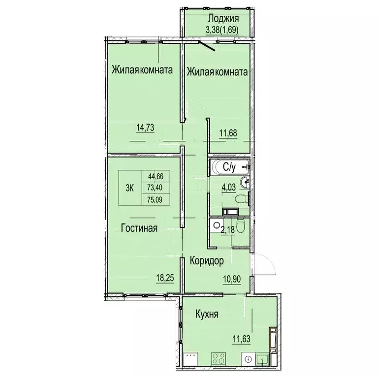 3-комнатная квартира: Нижний Новгород, Вязниковская улица, 41 (75.09 ... - Фото 0