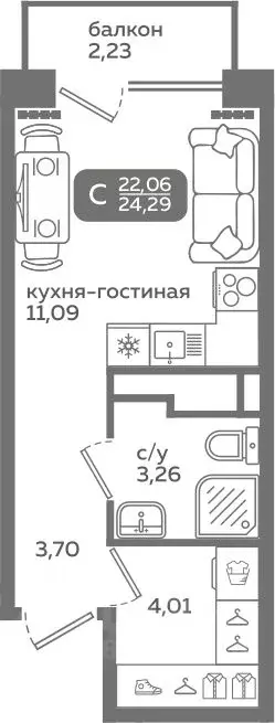 Студия Тюменская область, Тюмень ул. Заполярная, 9/2 (22.06 м) - Фото 0
