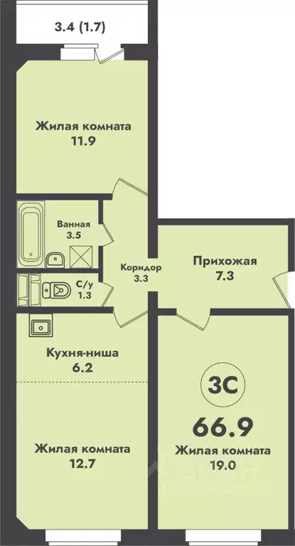 3-к кв. Новосибирская область, Новосибирск ул. Объединения, 4 (66.9 м) - Фото 0