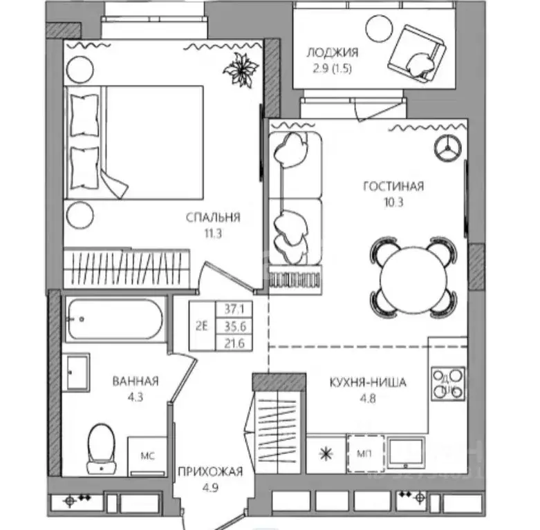 2-к кв. Пермский край, д. Кондратово ул. Водопроводная, 5 (37.1 м) - Фото 1