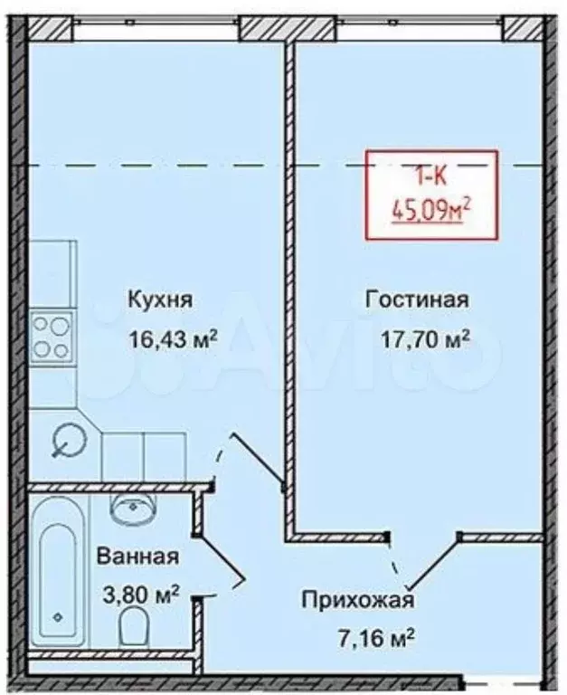 1-к. квартира, 45,1 м, 3/13 эт. - Фото 1