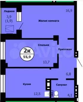 2-к. квартира, 55,9 м, 11/26 эт. - Фото 0