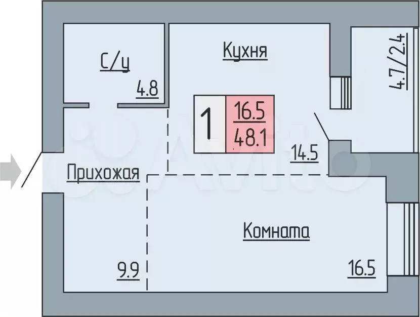 1-к. квартира, 48,1 м, 4/17 эт. - Фото 0