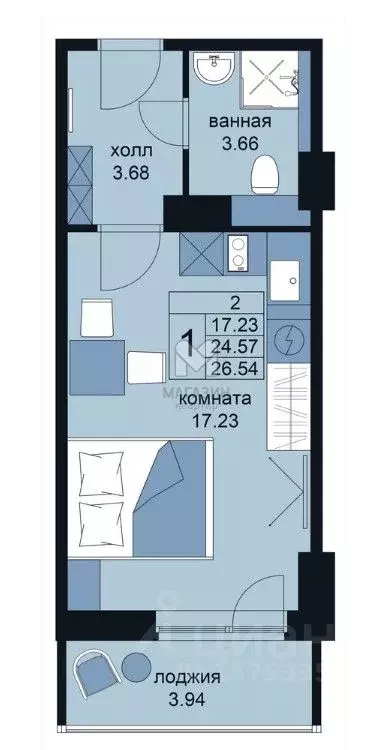 Свободной планировки кв. Санкт-Петербург ул. Крыленко, 14с3 (27.6 м) - Фото 1