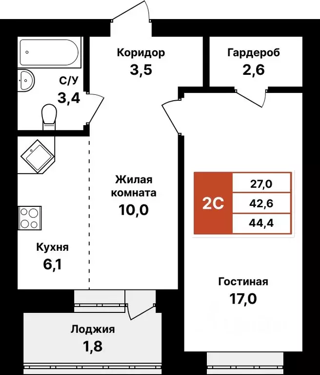 2-к кв. Башкортостан, Уфа Кузнецовский Затон мкр,  (44.4 м) - Фото 0