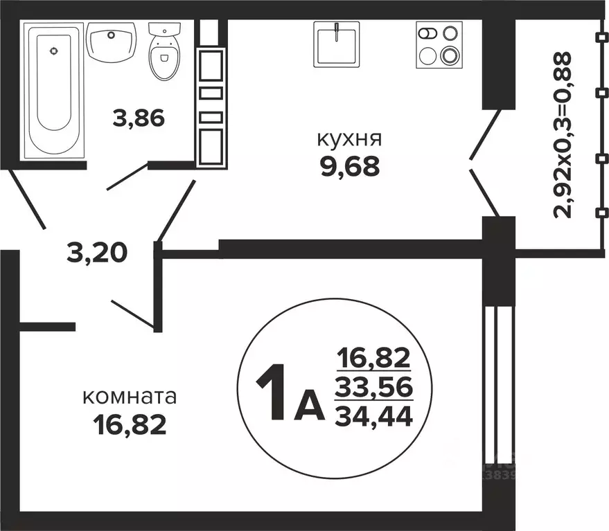 1-к кв. Краснодарский край, Краснодар Российская ул., 257/7 (34.44 м) - Фото 0