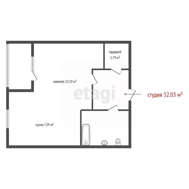 Студия Свердловская область, Екатеринбург ул. Азина, 31 (32.03 м) - Фото 1