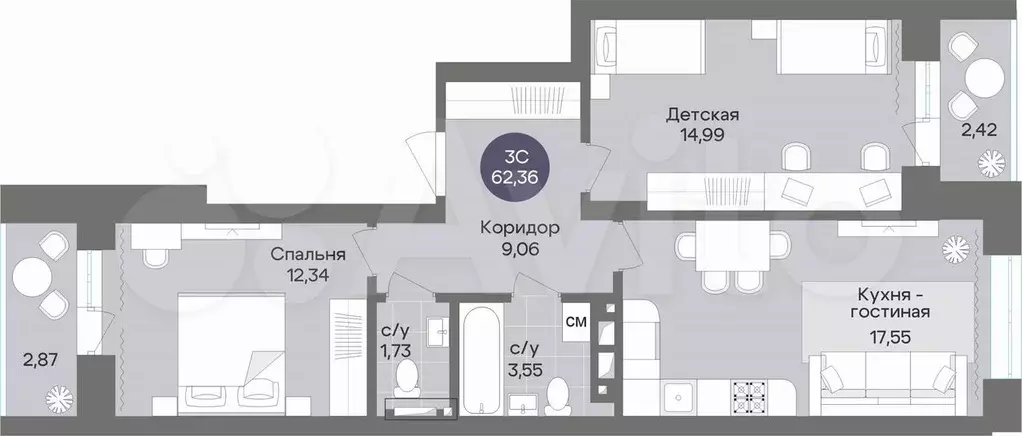 3-к. квартира, 62,4 м, 10/15 эт. - Фото 0