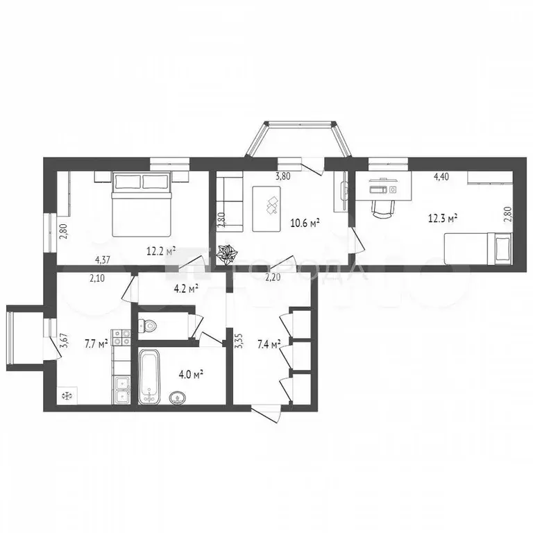 3-к. квартира, 59,9 м, 3/3 эт. - Фото 1