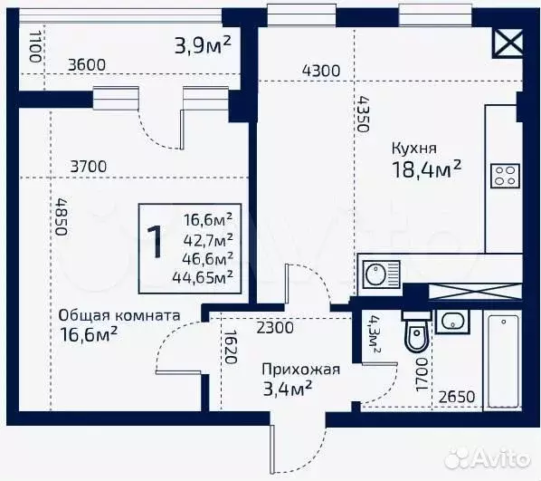 1-к. квартира, 44,2 м, 6/9 эт. - Фото 0