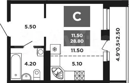 Квартира-студия, 28,8м, 8/9эт. - Фото 1