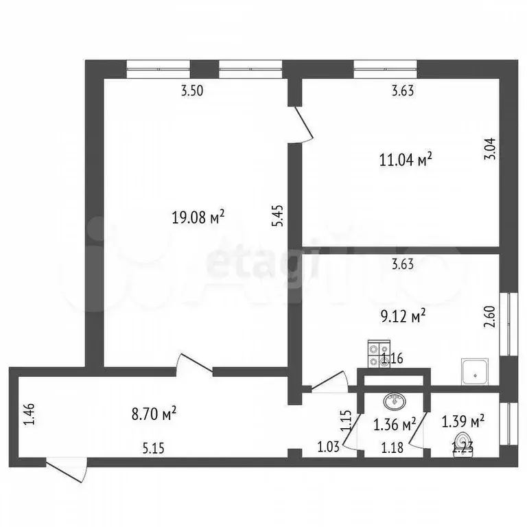 2-к. квартира, 50,7 м, 2/2 эт. - Фото 1