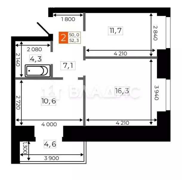 2-комнатная квартира: Благовещенск, Литейная улица, 41 (52.3 м) - Фото 1