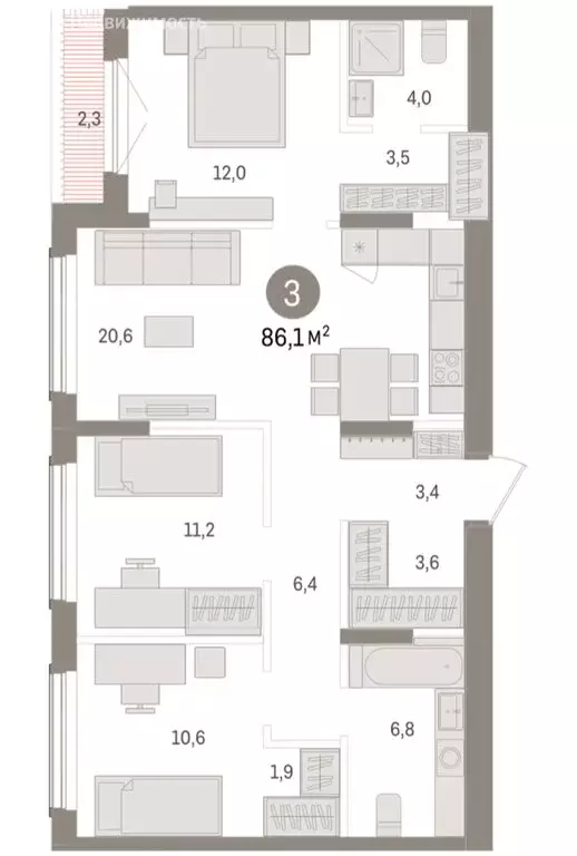 3-комнатная квартира: Новосибирск, улица Аэропорт, 90 (86.07 м) - Фото 2