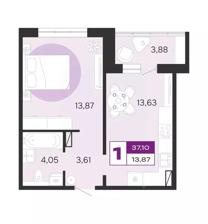 1-к кв. Брянская область, Брянск Медовый кв-л, поз6 (37.1 м) - Фото 1