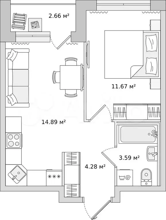 1-к. квартира, 34,5м, 18/21эт. - Фото 0