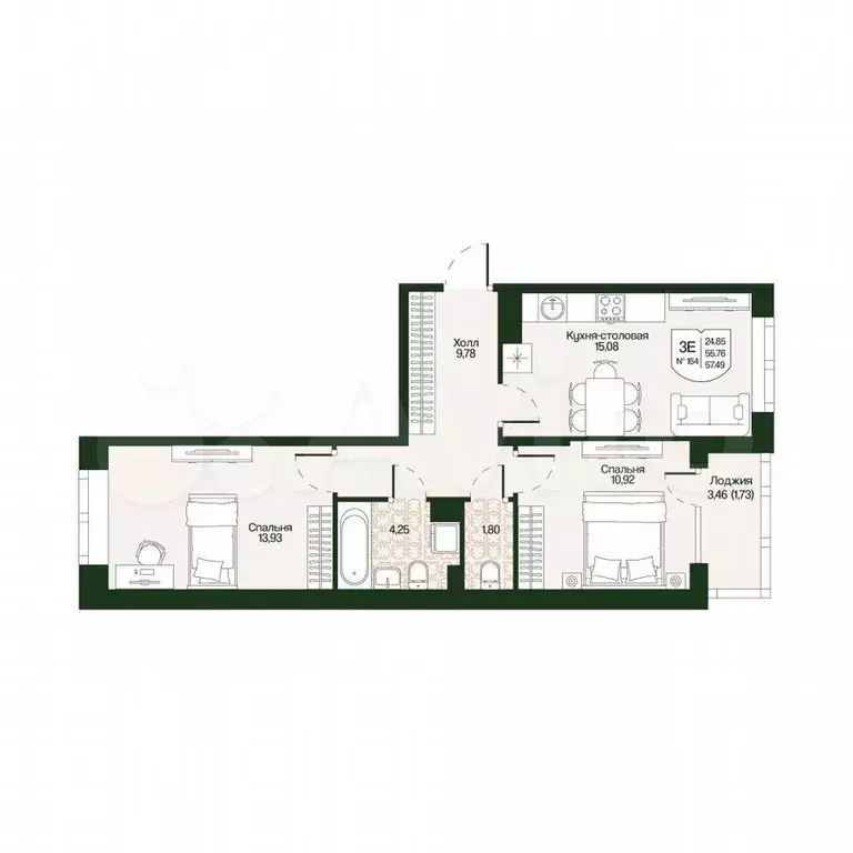 2-к. квартира, 57,5 м, 2/4 эт. - Фото 0