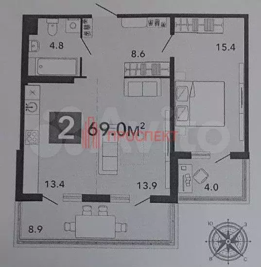 2-к. квартира, 69 м, 8/16 эт. - Фото 0