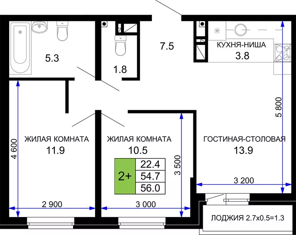 2-комнатная квартира: Краснодар, жилой комплекс Дыхание (56 м) - Фото 0