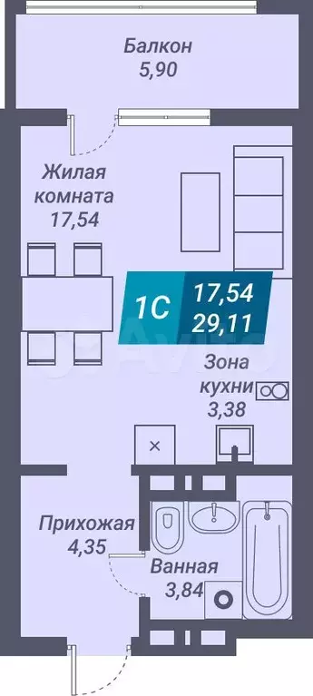 1-к. квартира, 29,1 м, 21/25 эт. - Фото 1